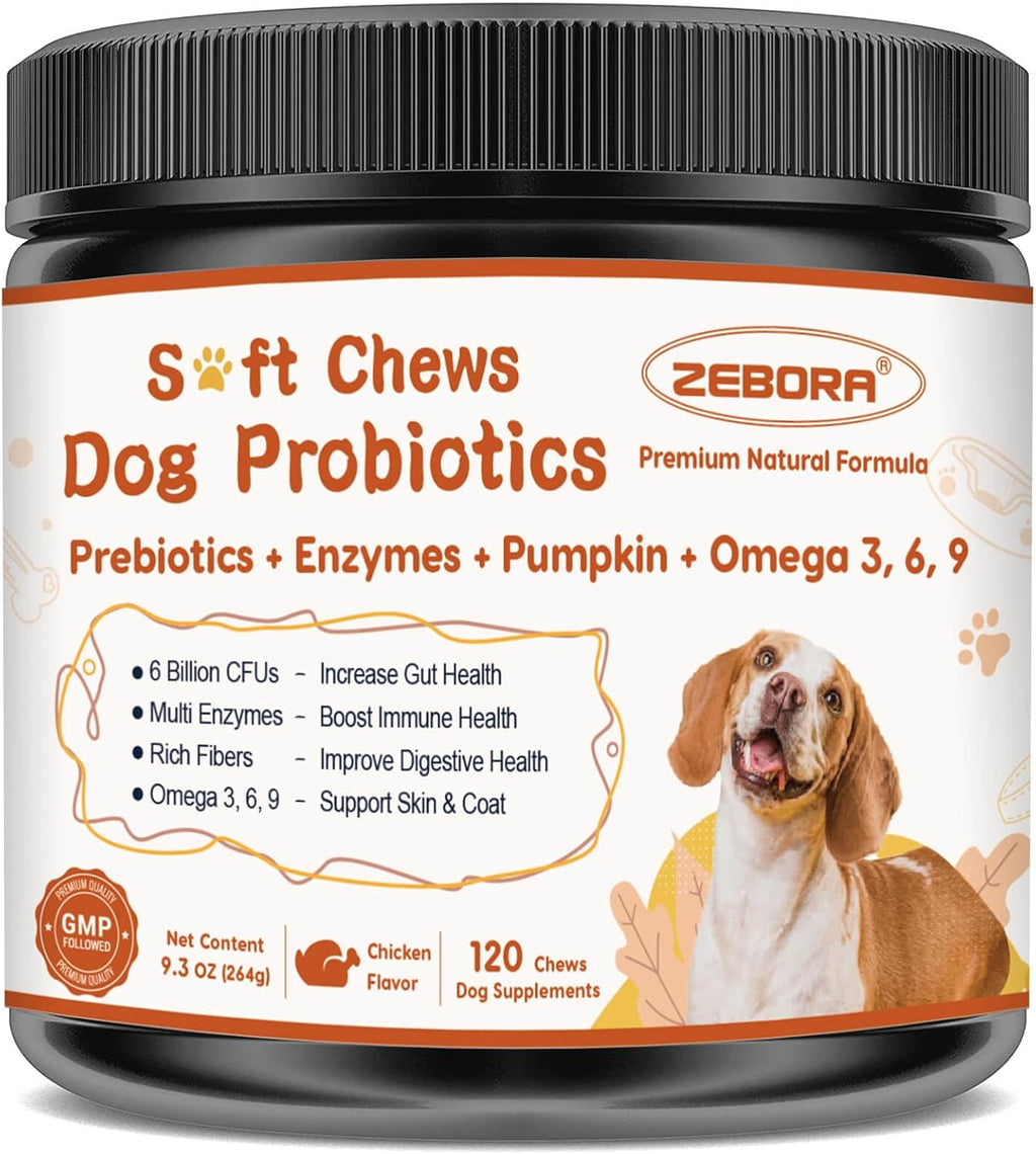ZEBORA Probiotics for Dogs, Digestive & Itch Relief, 120 Soft Chews | Dog Probiotics for Digestive Health, Pumpkin & Fish Oil, Freshens Bad Breath, Easy to Break Apart, Daily Gut & Skin Support