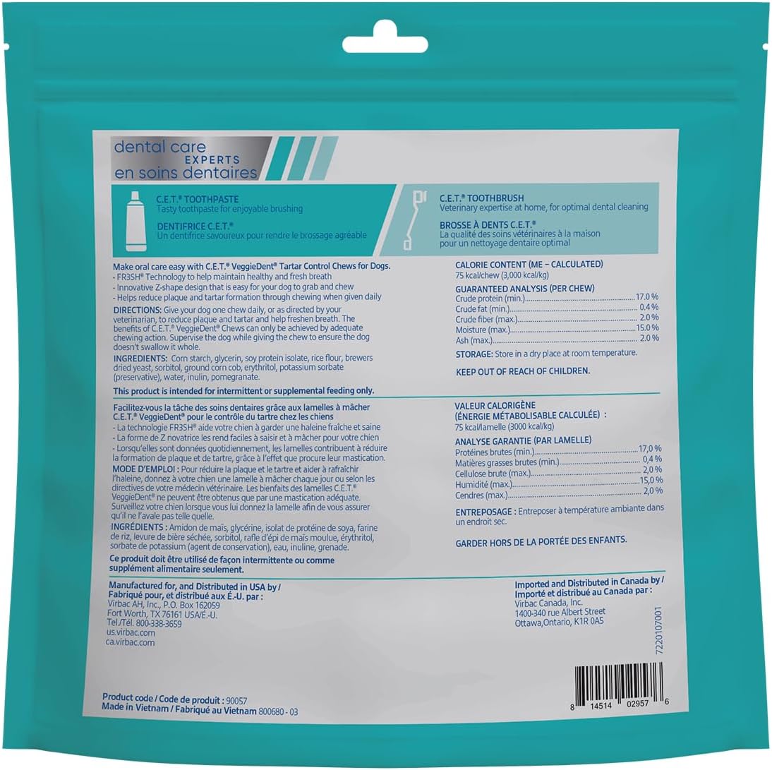 C.E.T. Veggiedent Fr3sh Plaque and Tartar Control Chews for Dogs, Medium | Vet recommended dental chews, plant-based formula, supports canine digestive health, VOHC approved for plaque & tartar