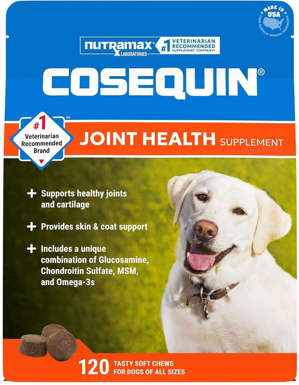Nutramax Cosequin Joint Supplement for Dogs, Skin & Coat, Soft Chews,120ct | Glucosamine & Chondroitin for Dogs with MSM, Omega-3s, Supports Joints, Skin and Coat Health, All Ages & Sizes