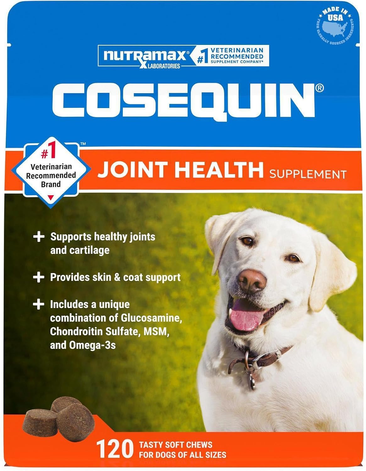 Nutramax Cosequin Joint Supplement for Dogs, Skin & Coat, Soft Chews,120ct | Glucosamine & Chondroitin for Dogs with MSM, Omega-3s, Supports Joints, Skin and Coat Health, All Ages & Sizes