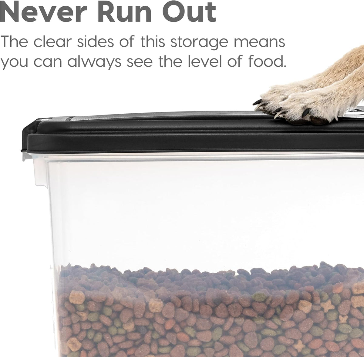 IRIS USA Airtight Pet Food Storage Rolling Container, 30 lb Capacity, Black | Airtight seal keeps kibble, bird seed, and pet food fresh while wheels provide easy mobility around the home.