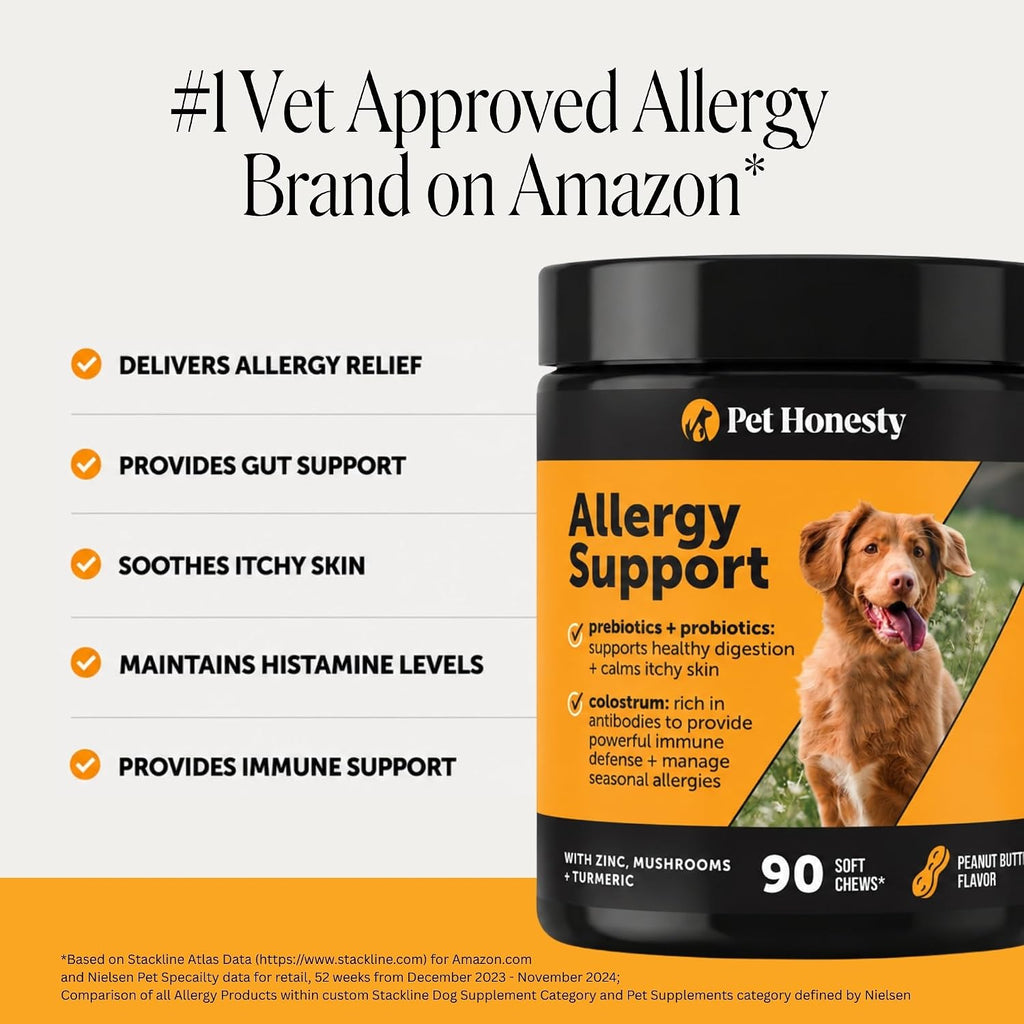 Pet Honesty Dog Allergy Chews - for Paw Licking, Itching & Seasonal Allergies - with Colostrum, Probiotics & Salmon Oil - Vet Recommended Itch Relief Supplement for Dogs (Peanut Butter, 90 Ct)