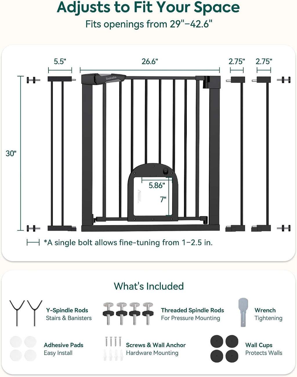 Babelio Baby Gate with Adjustable Cat Door, CatPrivilege III, 29-43"