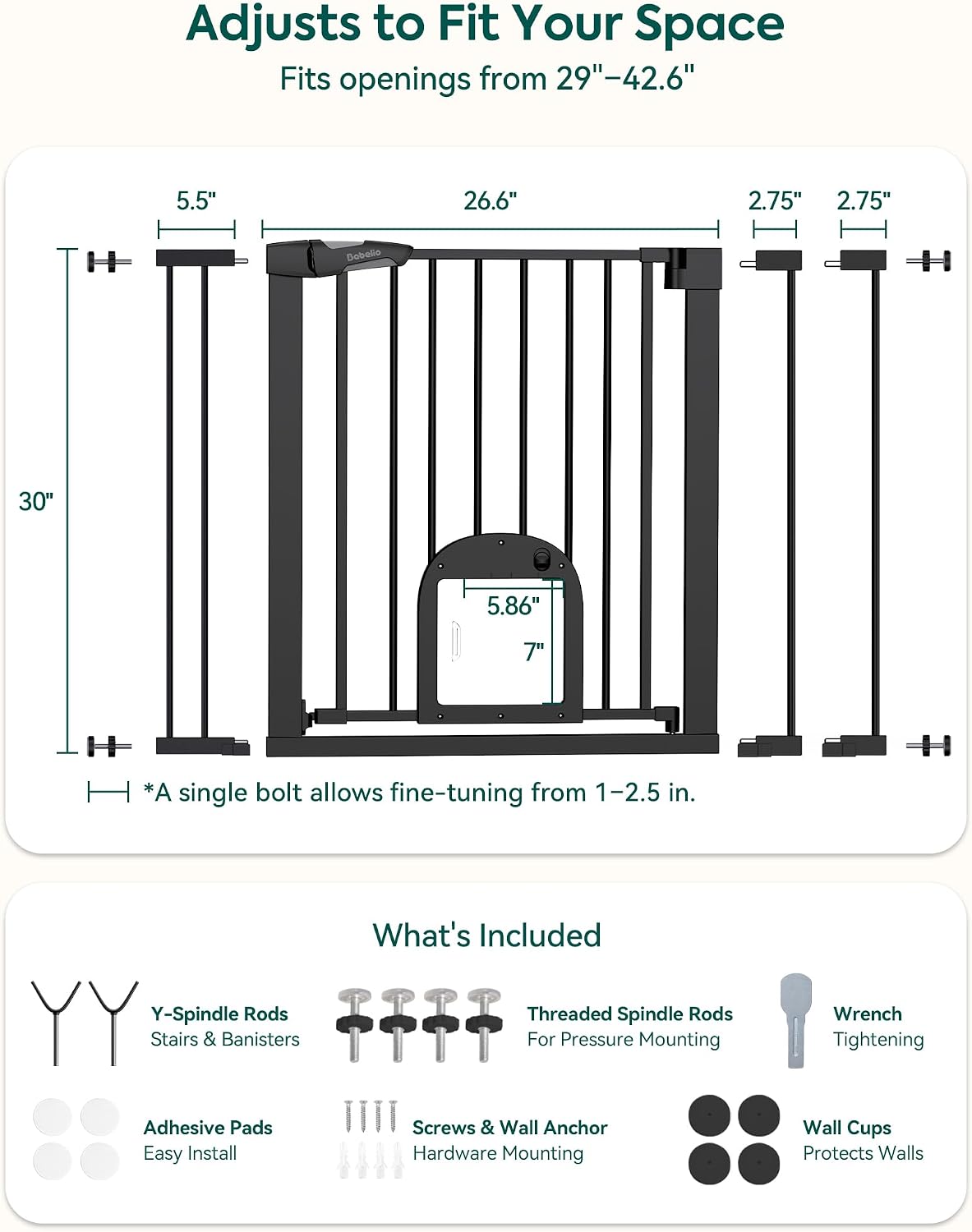 Babelio Baby Gate with Adjustable Cat Door, CatPrivilege III, 29-43"