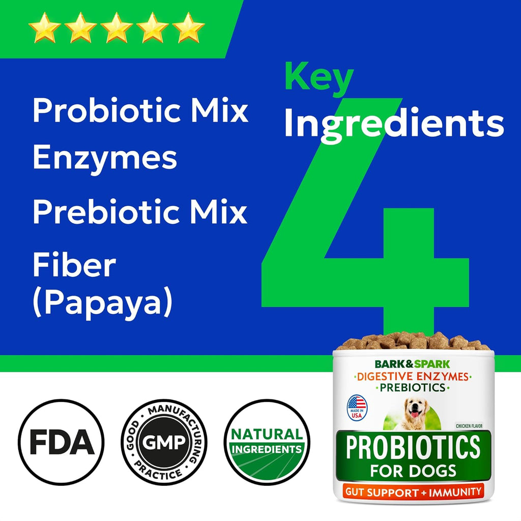 BARK&SPARK Probiotics for Dogs - Digestive Health Supplement Chews | Pet Dog Probiotics - Fiber & Enzymes - Diarrhea Gas Treatment Upset Stomach Relief - Allergy & Itchy Skin - 120Ct Chicken
