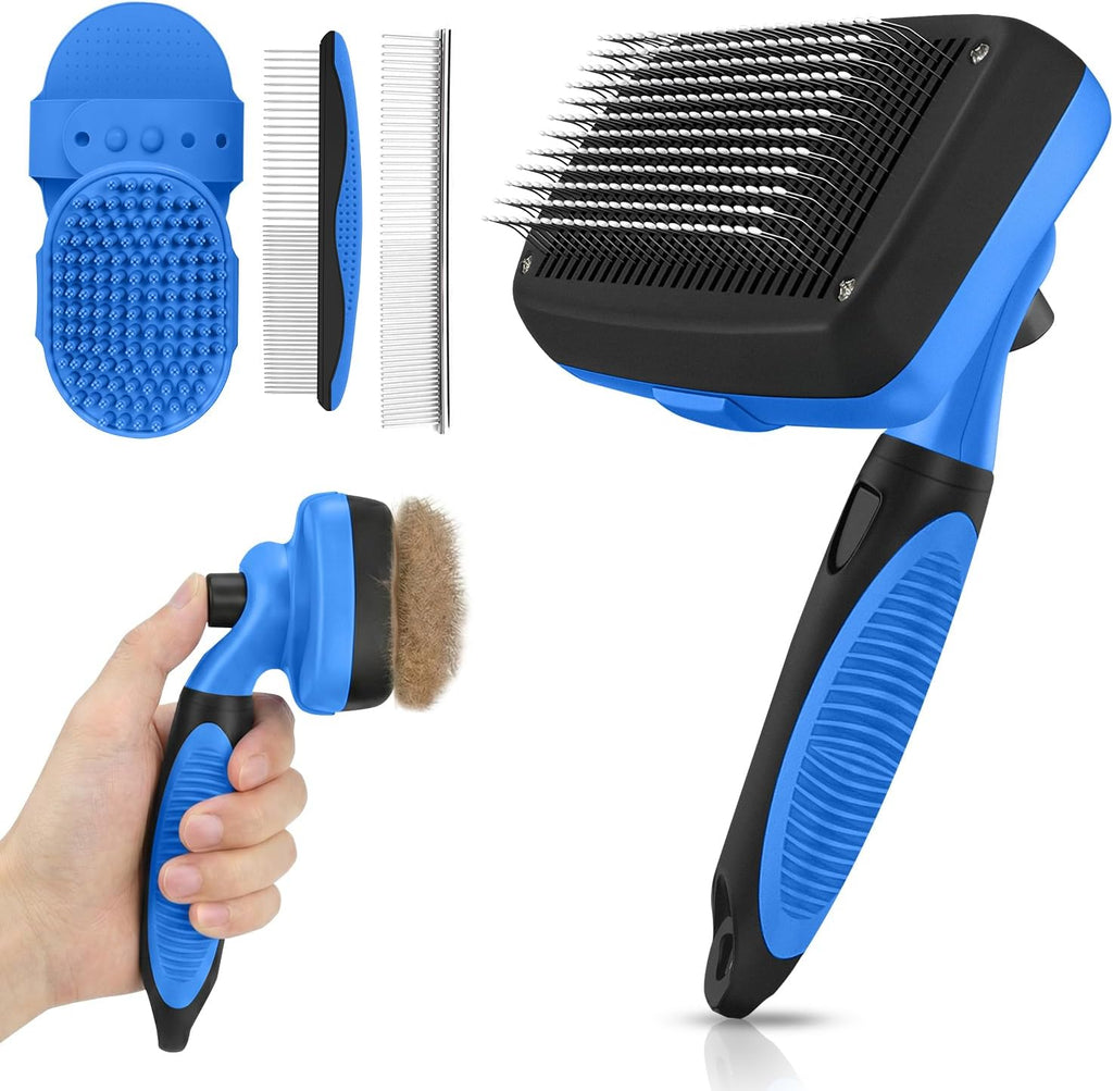 Self Cleaning Shedding Brush - 5-in-1 Professional Pet Grooming Kit Skin Friendly Grooming Tool for Dogs, Cats, and Puppies, Deshedding and Hair Removal for Long and Short Haired Pets, Blue