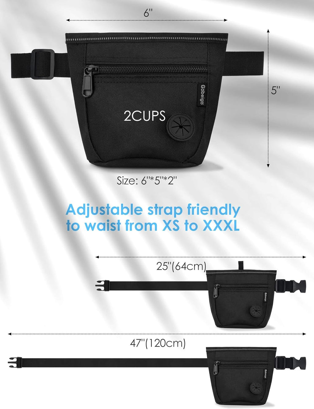 Gobeigo 2 Cup Magnetic Closure Dog Treat Pouch with Training Clicker(Black) | 2 Pair Magnetic Closures, Zipper Pocket with Poop Bag Holder, Waist Belt & Metal Clip to Wear for Pet Training/Daily Walking