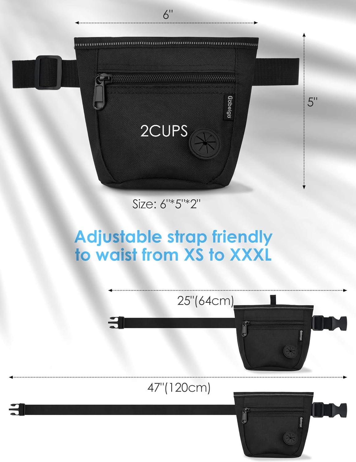 Gobeigo 2 Cup Magnetic Closure Dog Treat Pouch with Training Clicker(Black) | 2 Pair Magnetic Closures, Zipper Pocket with Poop Bag Holder, Waist Belt & Metal Clip to Wear for Pet Training/Daily Walking