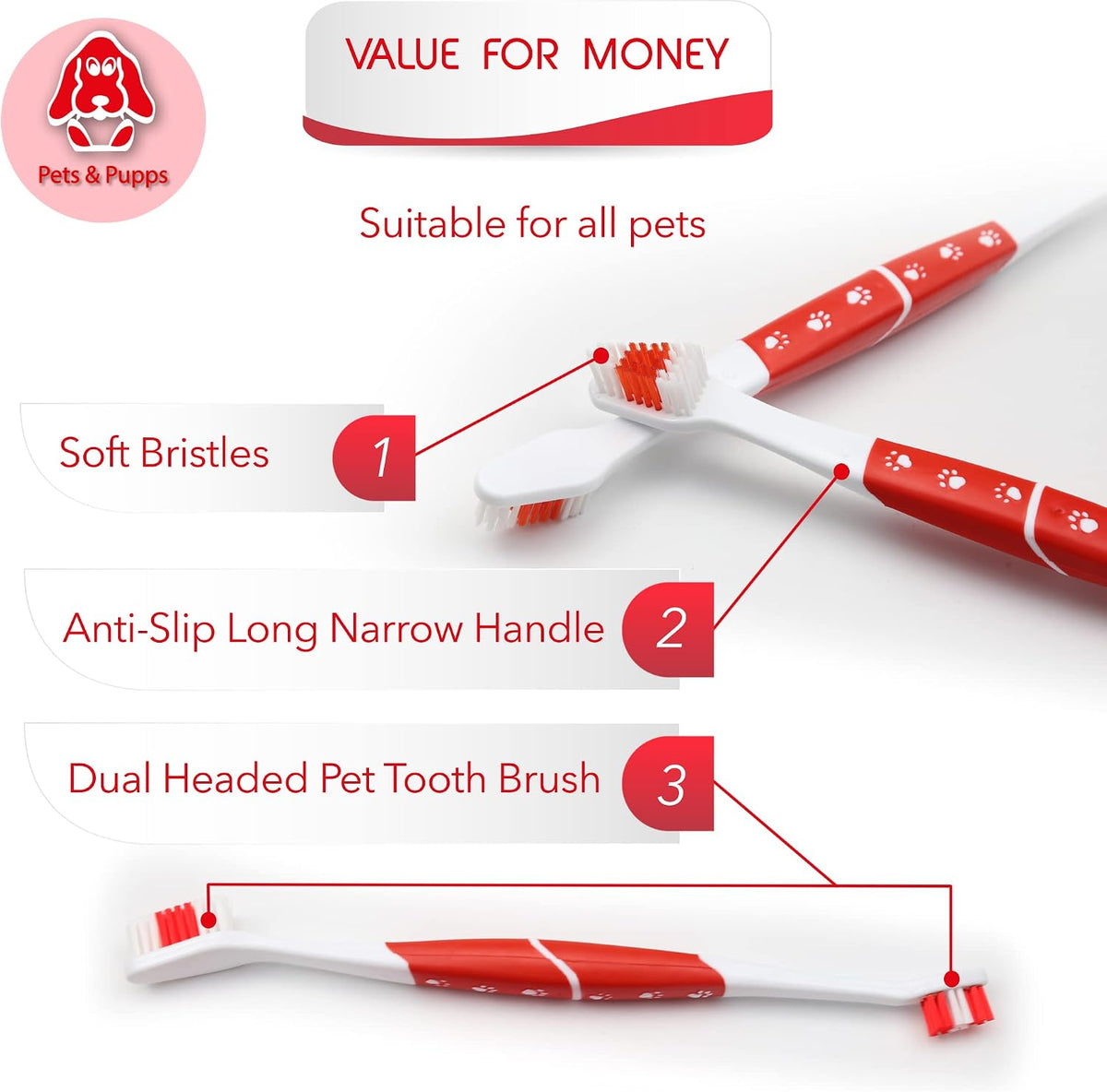 Pet Toothbrush for Dogs, Cats with Soft Bristles - Easy Teeth Cleaning & Dental Care, Non Slip Dual Head Dog Toothbrush for Medium & Large Pets, Toothpaste Not Included, Pack of 1 Red
