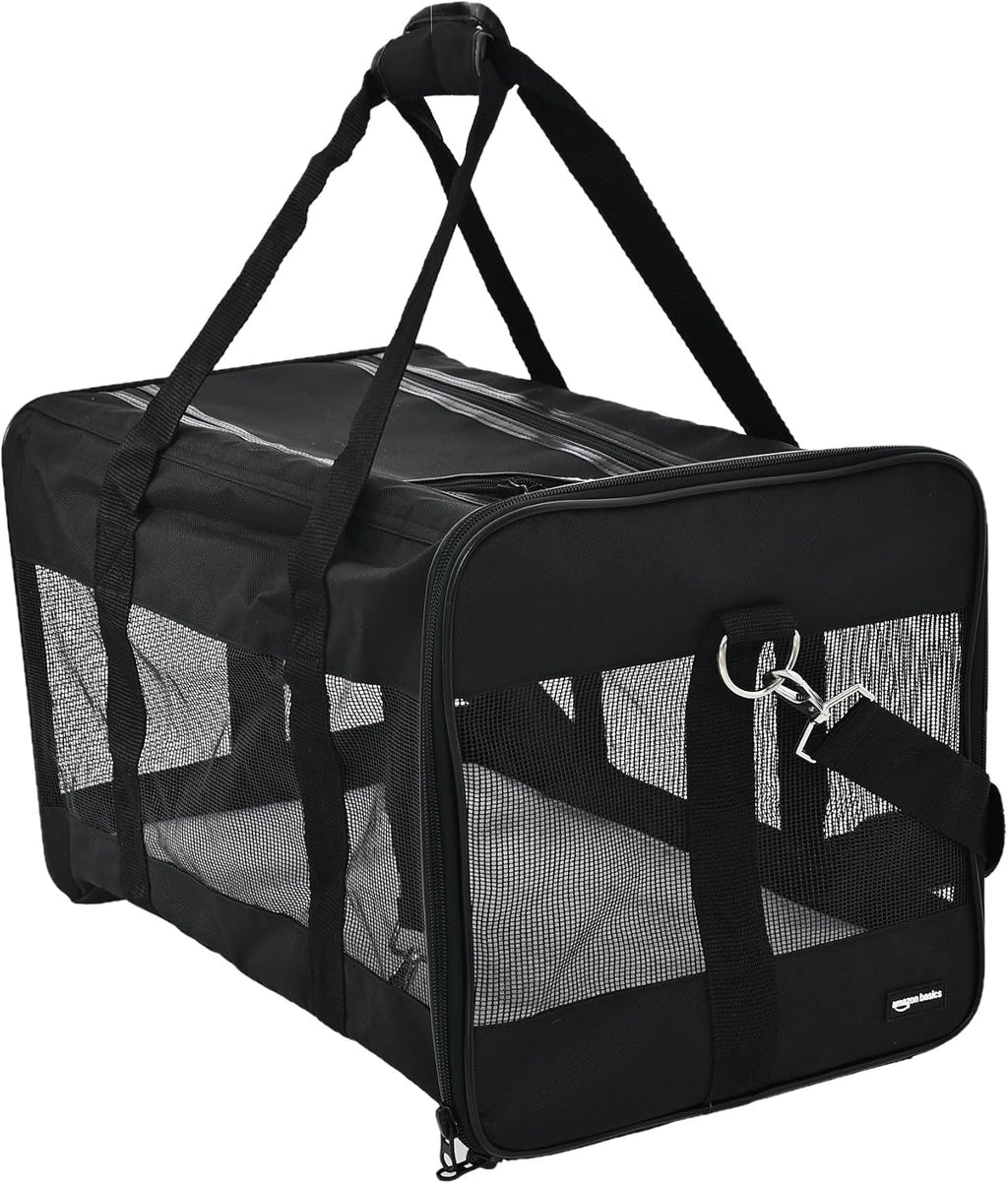 Amazon Basics Airline Approved Soft-Sided Mesh Pet Travel Carrier with Shoulder Strap, Removable Washable Fleece Pad, Top Opening, Ventilation for Dog, Cat, up to 22 pounds, 19.7Lx12Wx12H in., Black