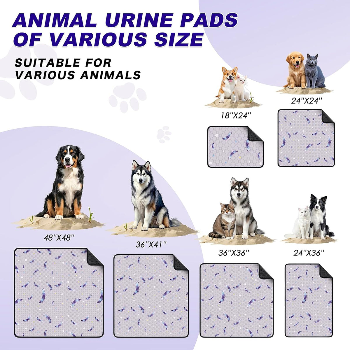 Washable Dog Pee Pads, Non-Slip Waterproof, 36 x 41 in, 2 Pack, Feather | Super absorbent, waterproof and non-slip; washable, reusable dog pads for crates, playpens, floors, furniture and travel