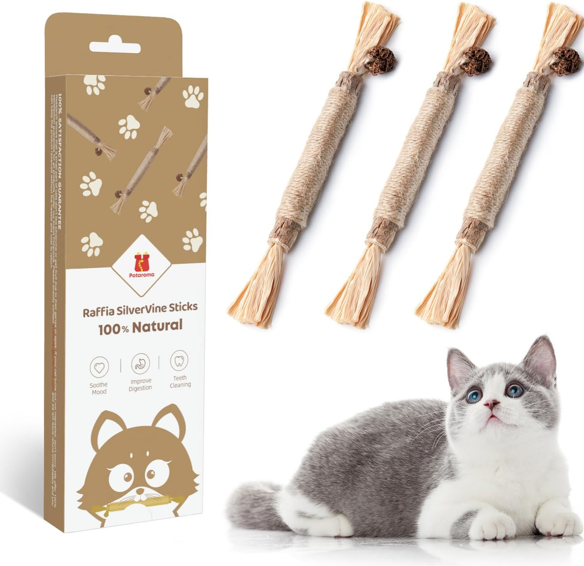 Potaroma 3 Pack Natural Silvervine Sticks Cat Toys, Catmint Silvervine Blend Sticks, Catnip Kittens Chew Toys Teeth Cleaning, Matatabi Dental Care Cat Treat Edible Kitty Lick Toys, Package May Vary