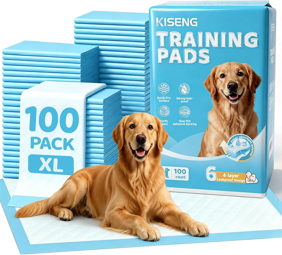 100 Count Dog Pee Pads 34" x 28", Super Absorbent Leak-Proof Training Pads | Quick-Dry Design,Dog Training Pads,6-Layer Protection,Soft Nonwoven Top Layer,XL Size,Versatile Use,Tear-Resistant