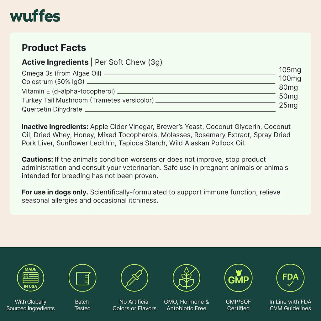 Wuffes Allergy & Itch Chews for Dogs | Supplement for Occasional Allergies. All Breed Sizes. Made with Colostrum, Vitamin E & Omega-3s. Pork Flavor. 60 ct.