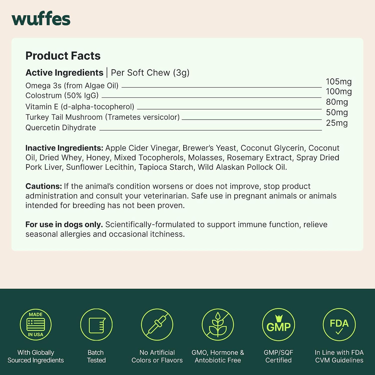 Wuffes Allergy & Itch Chews for Dogs | Supplement for Occasional Allergies. All Breed Sizes. Made with Colostrum, Vitamin E & Omega-3s. Pork Flavor. 60 ct.