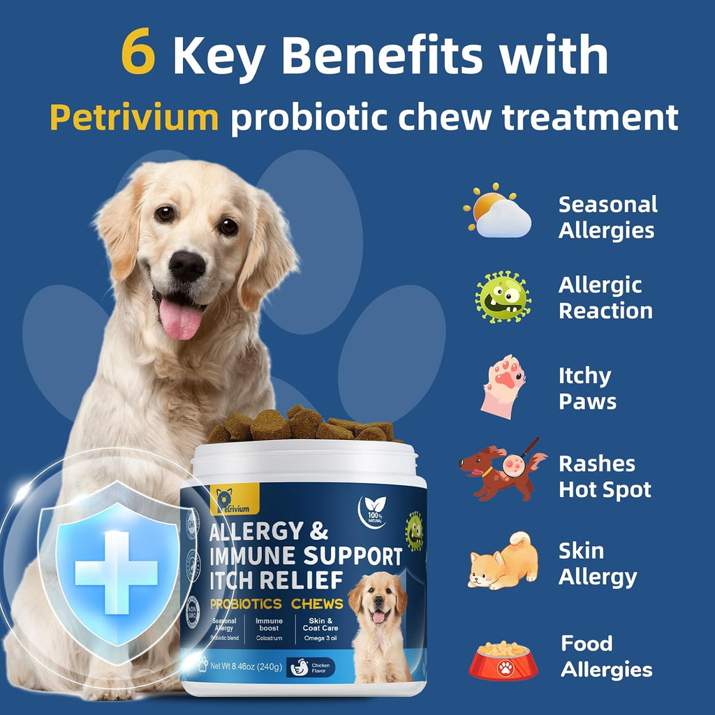 Dog Allergy Relief Chews, Helps Relieve Itchy Skin, Paw Licking & Ear Irritation, Dog Allergy Supplement with Probiotics for Skin & Immune Support, Colostrum & Fish Oil