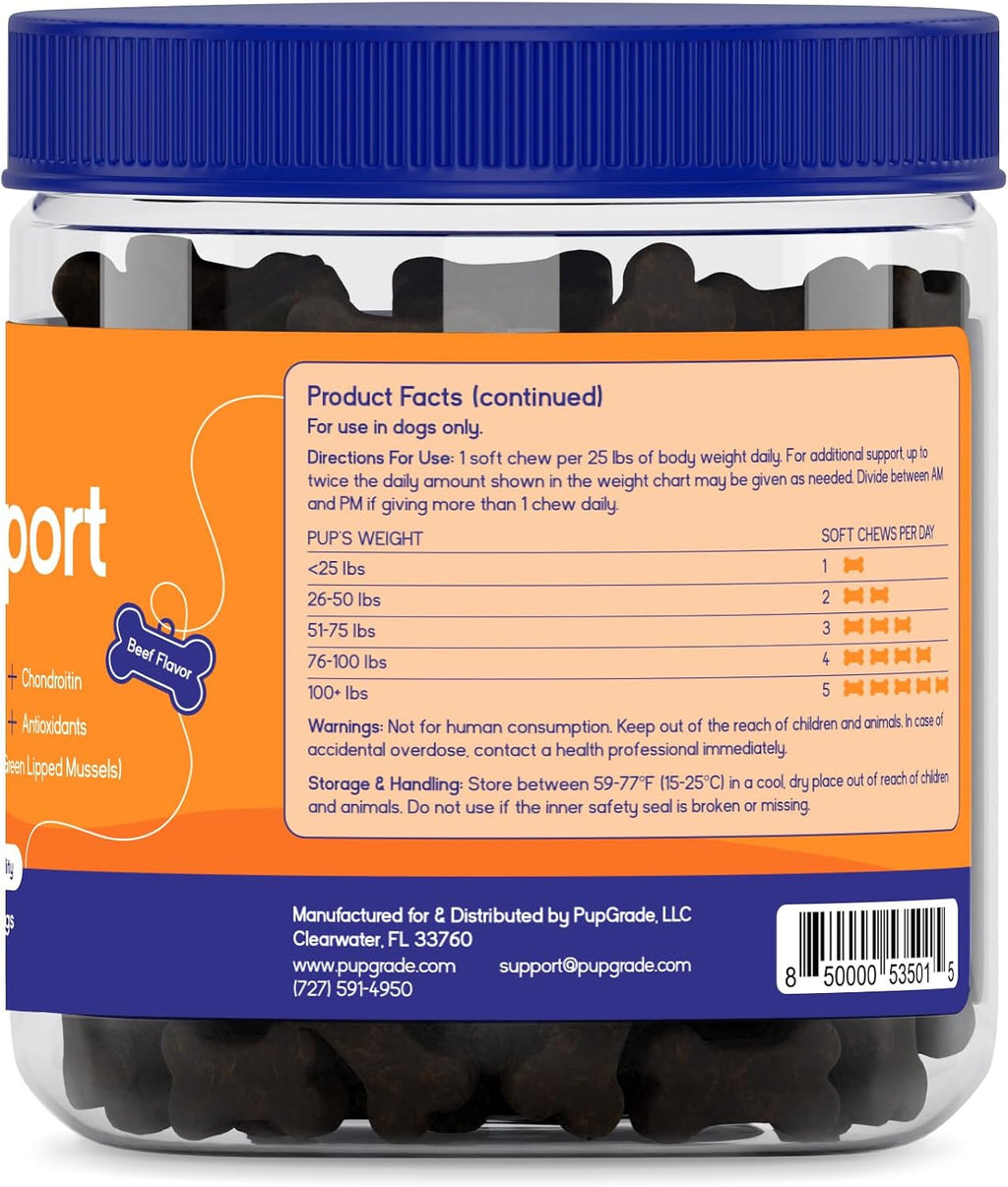 PupGrade Joint Support for Dogs, Beef Flavor - 60 Soft Chews | Glucosamine + Chondroitin with MSM and Perna - Supports Normal Hip & Joint Health for Occasional Discomfort