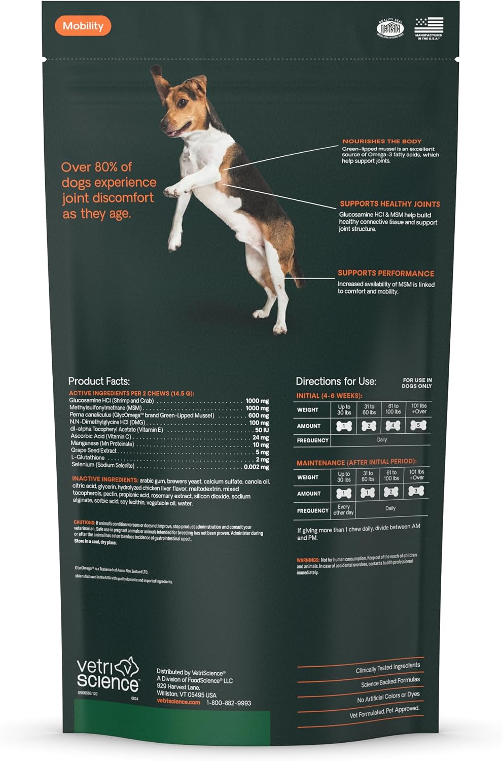 VetriScience Extra Strength Healthy Hip & Joint for Dogs, Chicken, 120ct | Supports Joint Health & Mobility, Vet-formulated w/Glucosamine, MSM, DMG & Green-Lipped Mussel