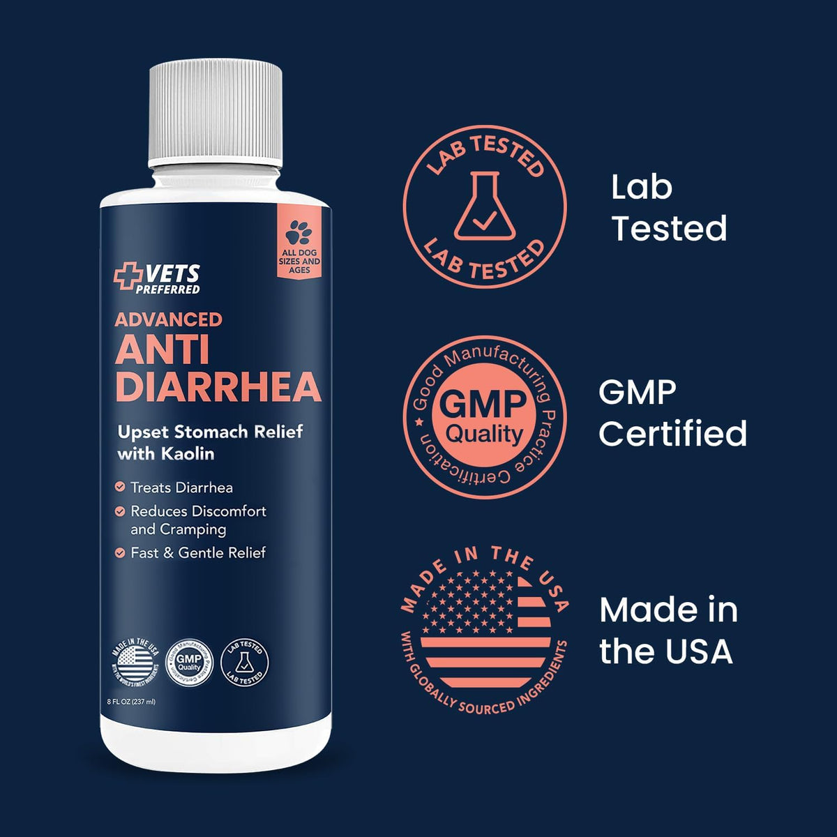 Vets Preferred Anti-Diarrhea & Gas Relief for Dogs – Kaolin Formula to Soothe Upset Stomach & Support Digestive Health – All Breed & Size Dogs – 8 fl oz Liquid – Made in USA | Natural alternative to dog diarrhea medication, soothes upset stomach, supports