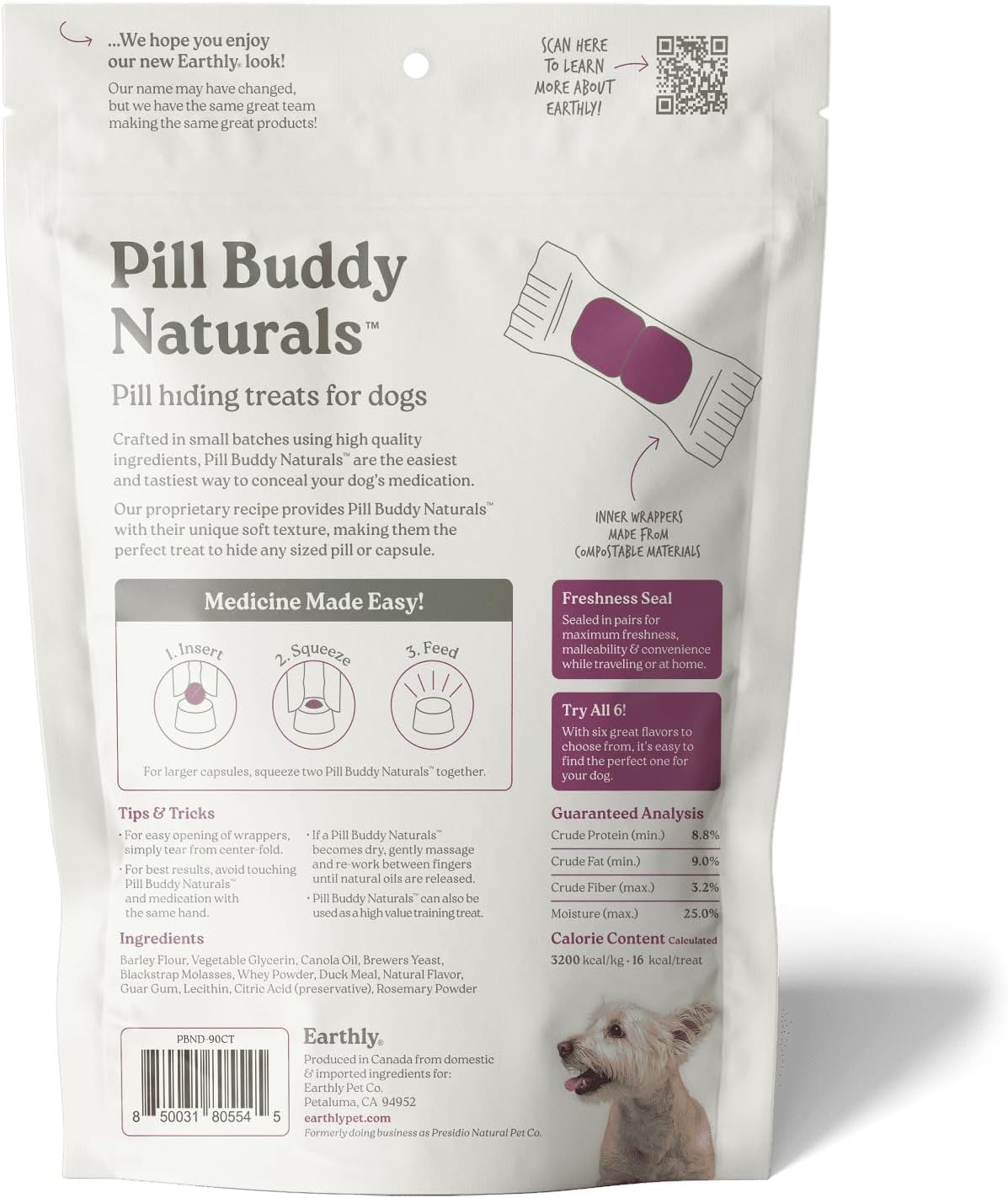 Presidio Earthly Pill Buddy Naturals - Duck (Chicken-Free) Pill Hiding Treats for Dogs - Pill Pocket for Any Size Medication - 90 Servings