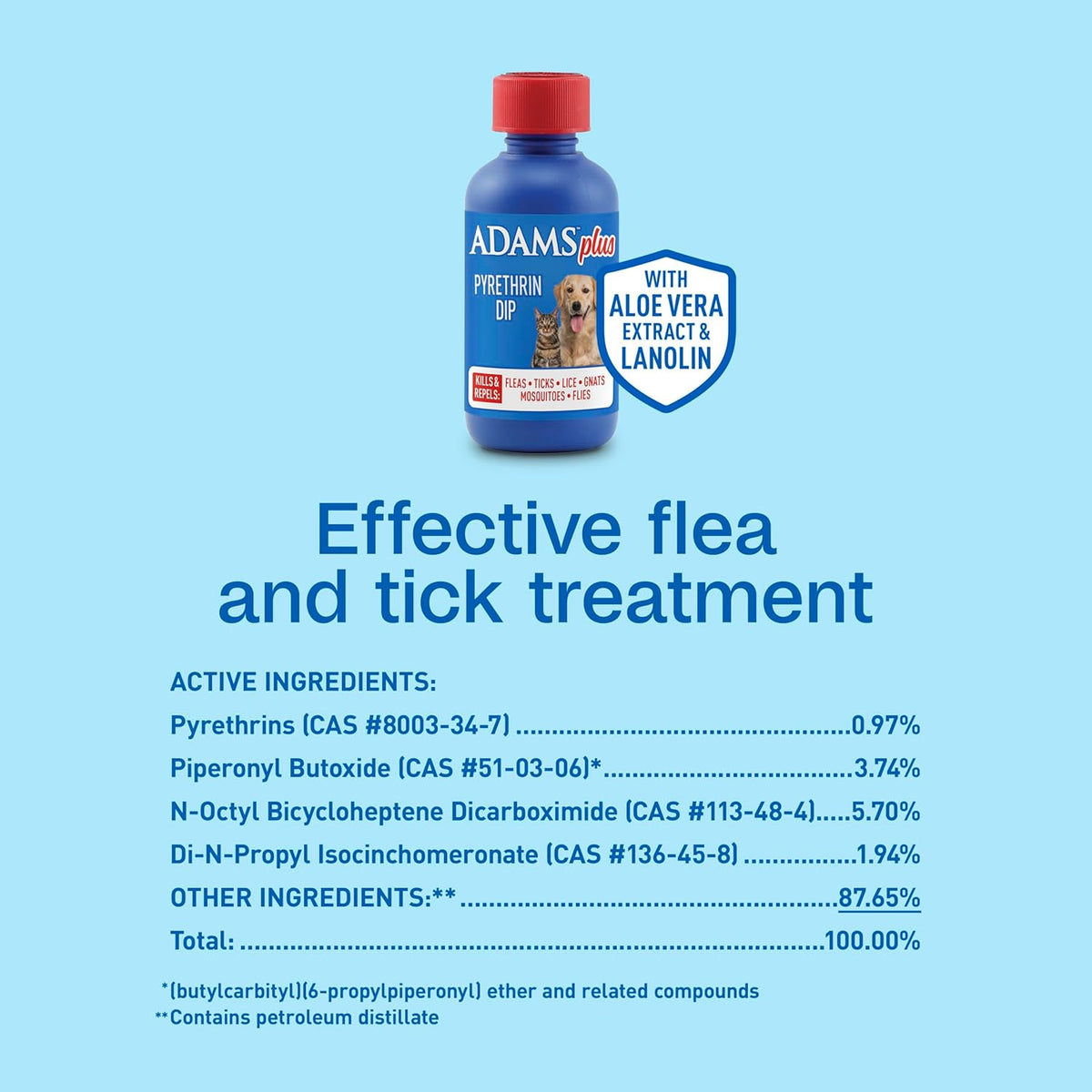 ADAMS Plus Pyrethrin Flea Dip For Dogs and Cats, Kills & Repels Ticks, Lice, Gnats, Mosquitoes, Fleas & Flies, For dogs, cats, puppies, and kittens, 4 Fl oz