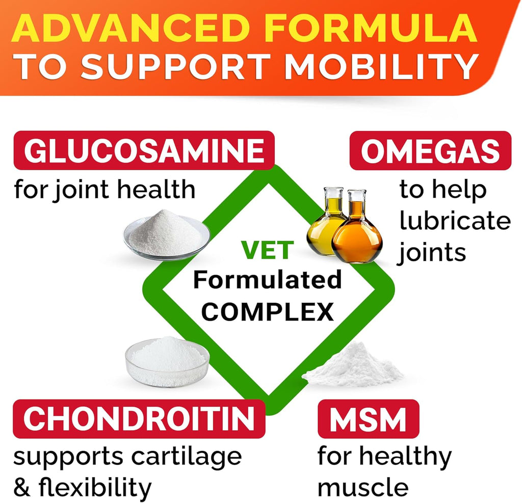 Advanced Glucosamine for Dogs, Chondroitin & MSM Hip Joint Supplement Chews | Made in USA - Supports Hip Joint Mobility w/Omega-3 - Joint Pain Relief - Chewable Treats, All Breeds - Vet-Approved (120Ct)