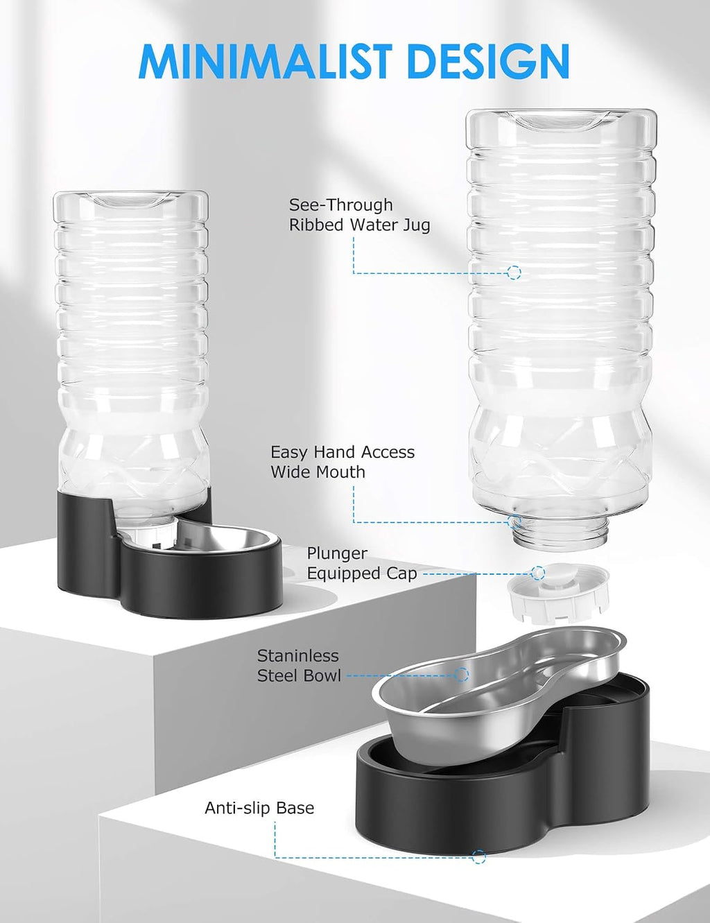 Heouvo 2.5 Gallon Automatic Dog Water Dispenser (9.5L-Black) | Wide Mouth, Easy Clean/ Removable Stainless Steel Bowl/ Gravity Refilling, Large Capacity for Cats and Dogs, Multi-Pet Homes