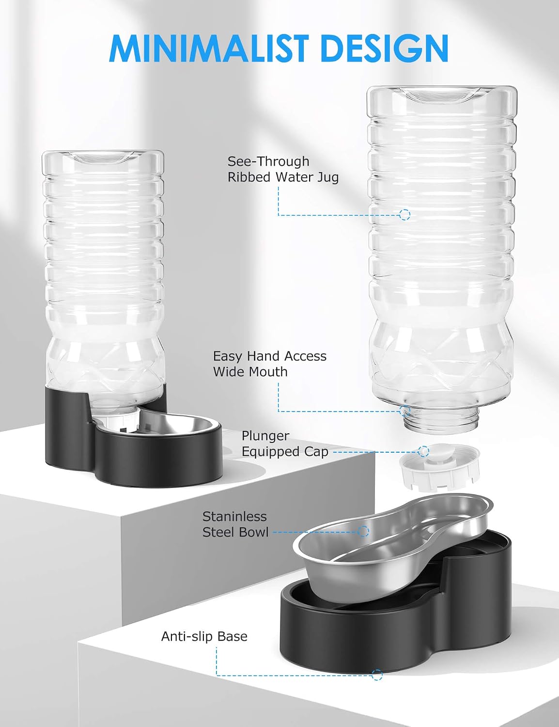 Heouvo 2.5 Gallon Automatic Dog Water Dispenser (9.5L-Black) | Wide Mouth, Easy Clean/ Removable Stainless Steel Bowl/ Gravity Refilling, Large Capacity for Cats and Dogs, Multi-Pet Homes