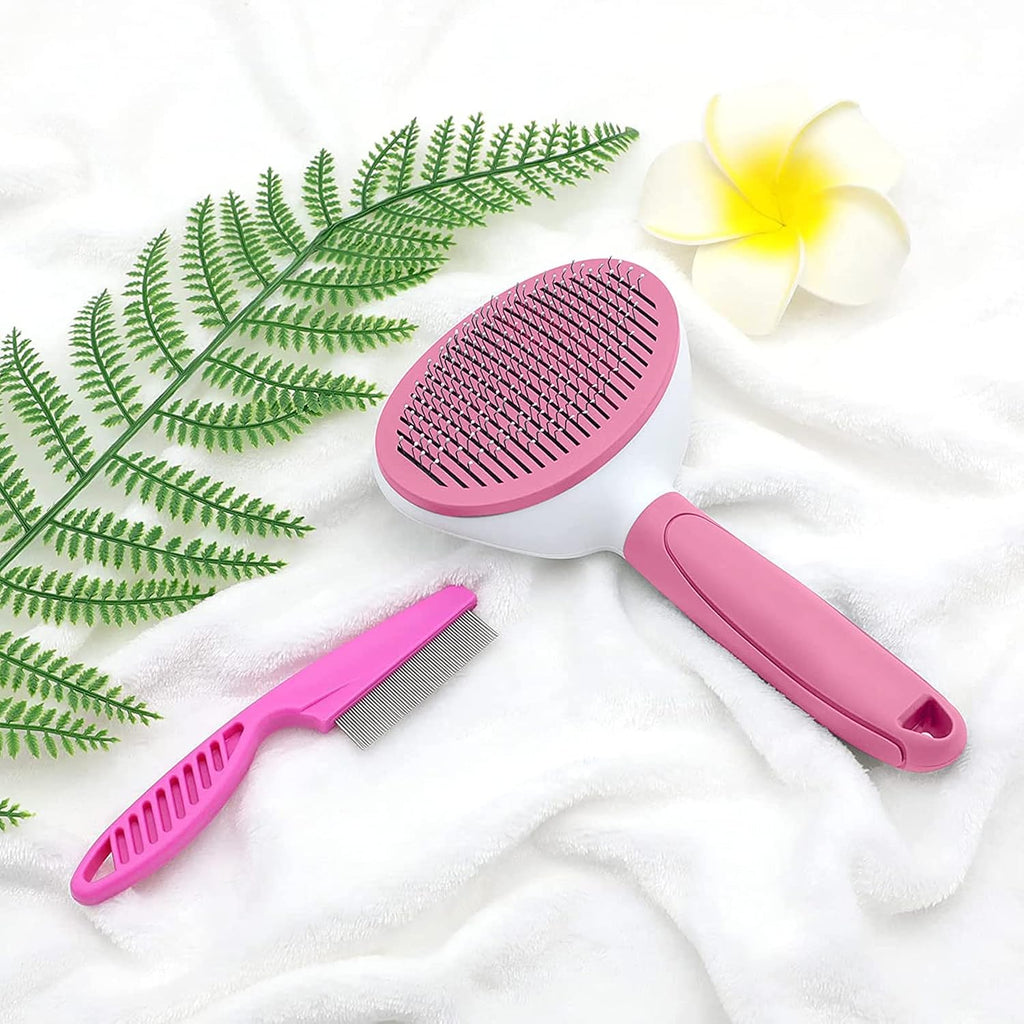 Cat Brushes for Indoor Cats, Dog Brush for Shedding with Metal Cat Comb, Self Cleaning Pet Hair Brush with Release Button for Grooming Kitten(Pink)