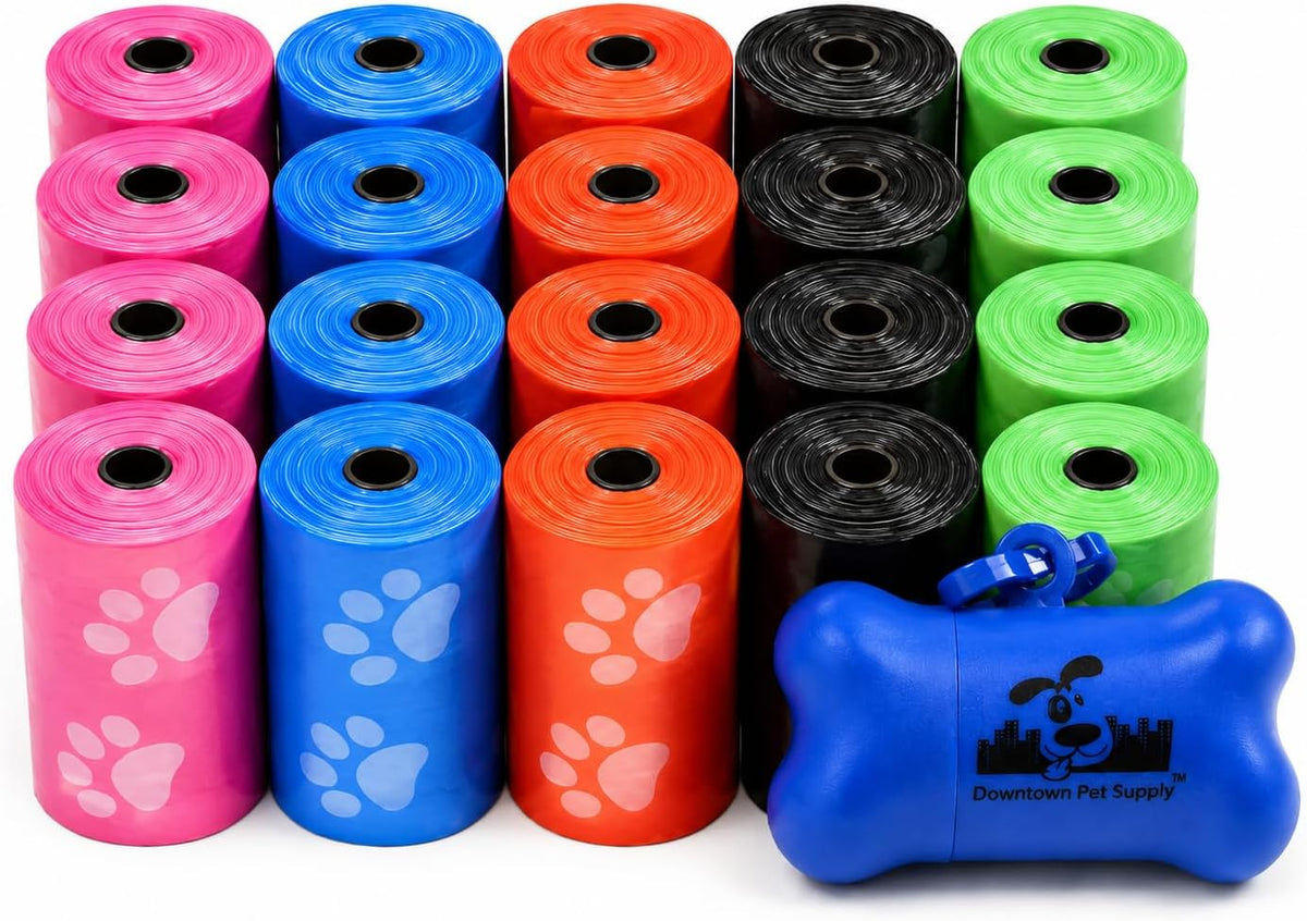 Downtown Pet Supply Poop Bags for Dogs with Dispenser, 500 Count - Leak-Proof Dog Waste Bags and Bone-Shaped Dog Poop Bags Holder for Leash - Rainbow with Paw Prints, 12.5" x 8.5"