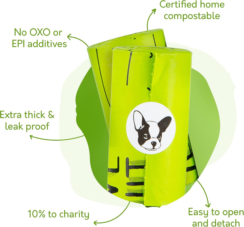 Certified Home Compostable Dog Poop Bags, 240 Plant Based Bags (16 Rolls) | NF T51-800, ASTM D6400 and EN 13432 certified, cornstarch based, extra thick, leak proof, unscented, 10% to charity