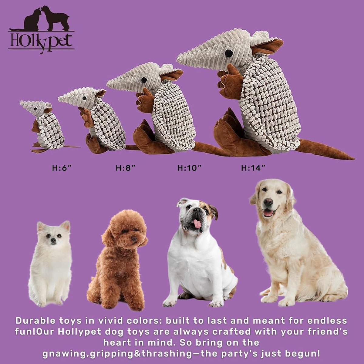 Hollypet Armadillo Squeaky Puppy Dog Toys for Small Medium Dogs, 8" | plush stuffed small dog squeak animal toy with unique grunt squeaker textured fabric for teeth cleaning toys