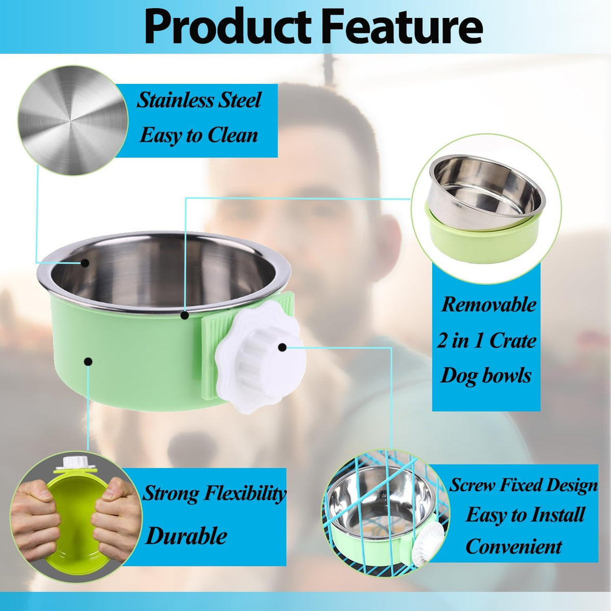 Mechpia 2 Pieces Crate Dog Bowl, Removable Stainless Steel Pet Kennel Hanging Food Water Feeder Bowl Cage Coop Cup for Puppy Medium Dog Cat Rabbit Ferret Bird (Blue,Green)