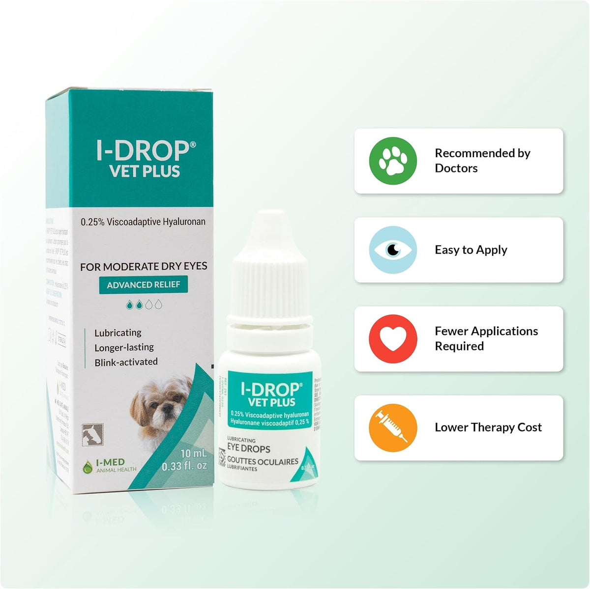 I-DROP Vet Plus Dog Eye Drops, 0.25% Hyaluronan, Seasonal Dry Eye, 10 ml | Refreshes and stabilizes the tear film for long-lasting comfort with fewer applications. For acute or seasonal dry eyes.