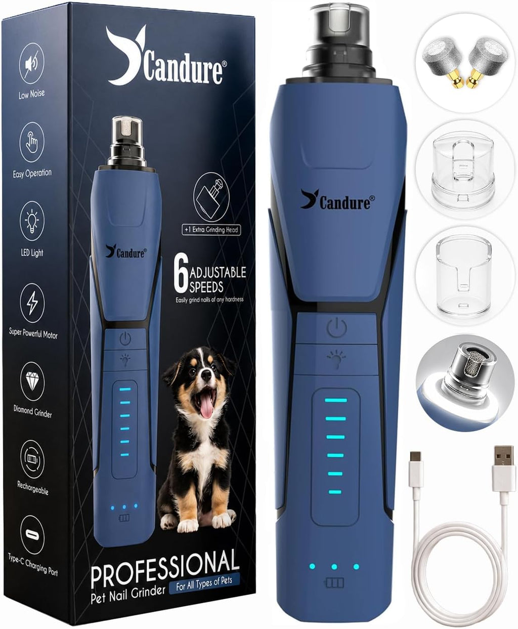 Candure Whisper Quiet Dog Nail Grinder with 360 Degree LED Light, 6-Speed Rechargeable Pet Nail Trimmers with Extra Grinding Head for Safe, Stress-Free Grooming for All Pet Sizes (Dark Blue)