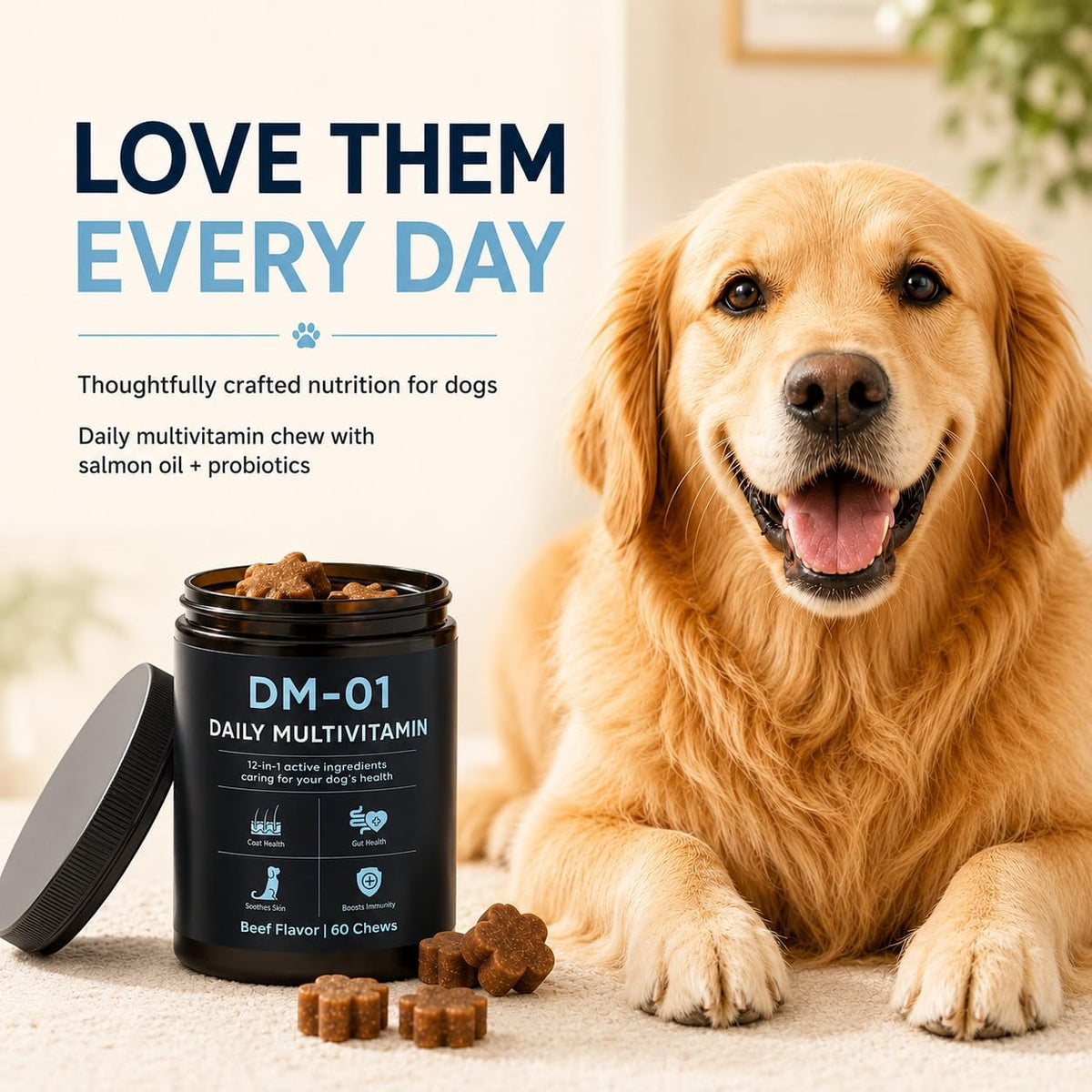 DM-01 Daily Multivitamin, Multivitamin Itch Relief Chews for Dog, Beef | 12-in-1 daily multivitamin chews with Salmon Oil, Probiotics, Glucosamine & Essential Vitamins for everyday dog wellness.