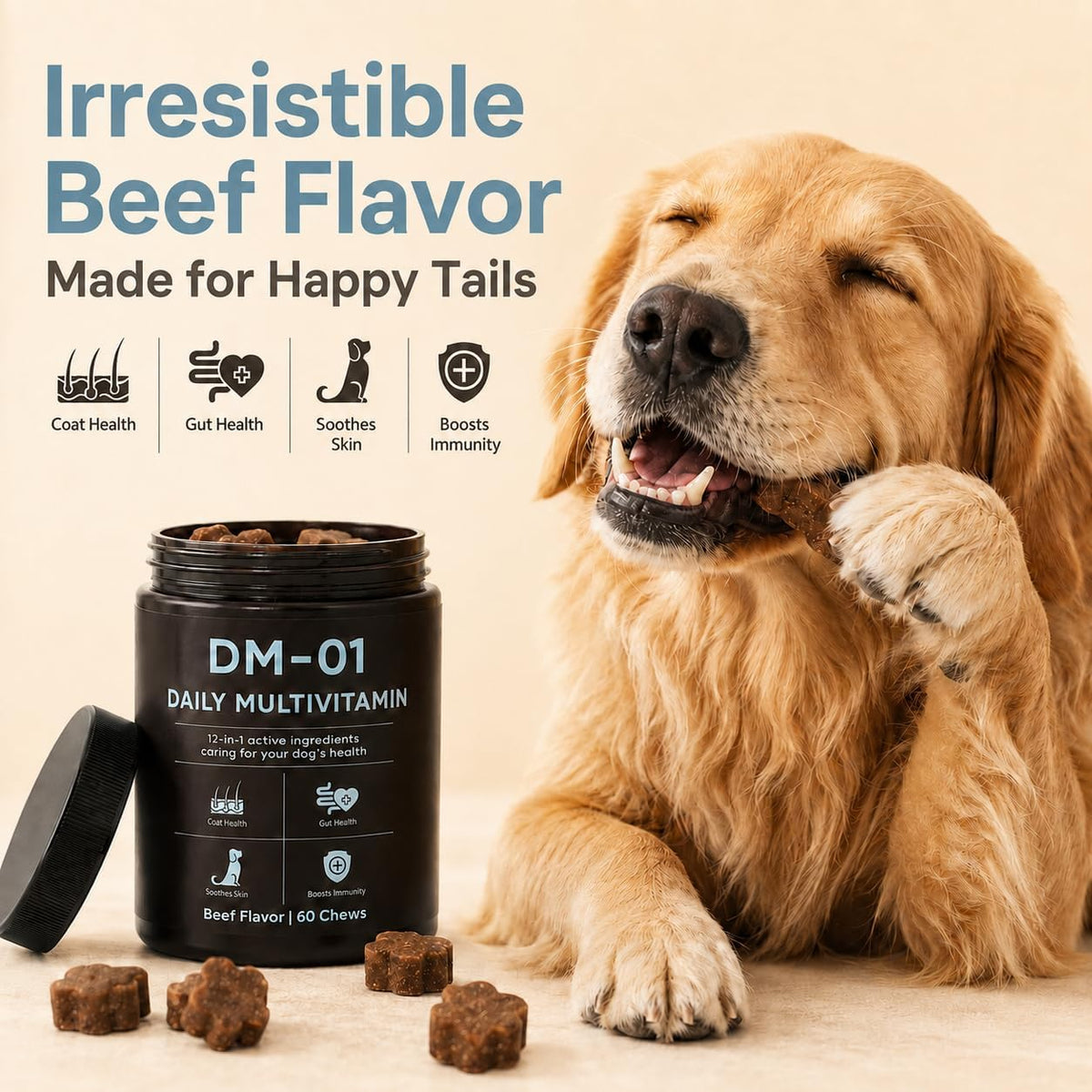 DM-01 Daily Multivitamin, Multivitamin Itch Relief Chews for Dog, Beef | 12-in-1 daily multivitamin chews with Salmon Oil, Probiotics, Glucosamine & Essential Vitamins for everyday dog wellness.