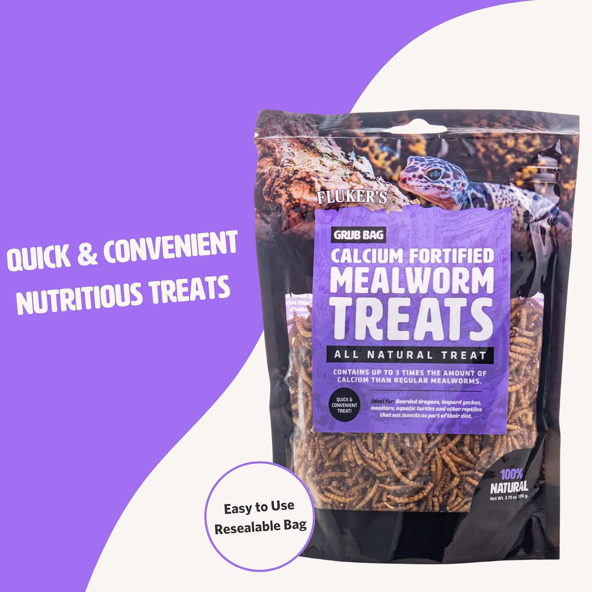 Fluker’s Grub Bag All Natural Calcium Fortified Mealworm Treats, Packed with Protein, Rich in Nutrients, A Reptile Favorite, 3 oz