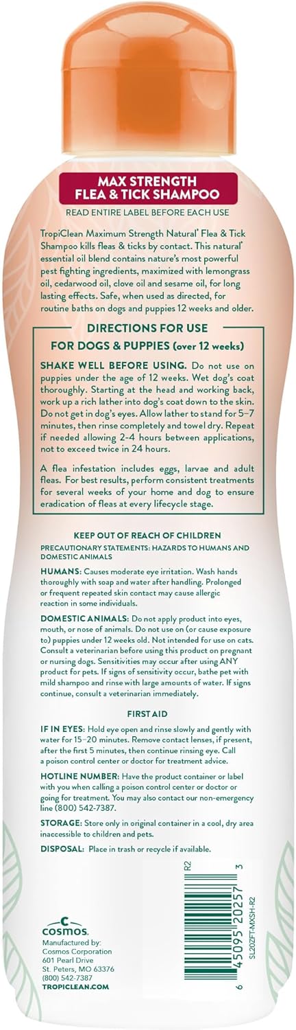 TropiClean Flea and Tick Shampoo for Dogs, Max Strength Formula, 20oz | Powerful & Natural Defense | Flea & Tick Prevention | For Large & Small Dogs | Made in USA