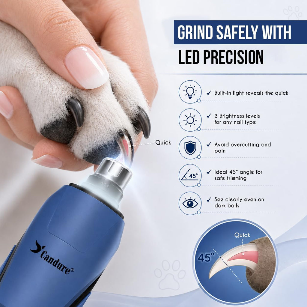 Candure Whisper Quiet Dog Nail Grinder with 360 Degree LED Light, 6-Speed Rechargeable Pet Nail Trimmers with Extra Grinding Head for Safe, Stress-Free Grooming for All Pet Sizes (Dark Blue)
