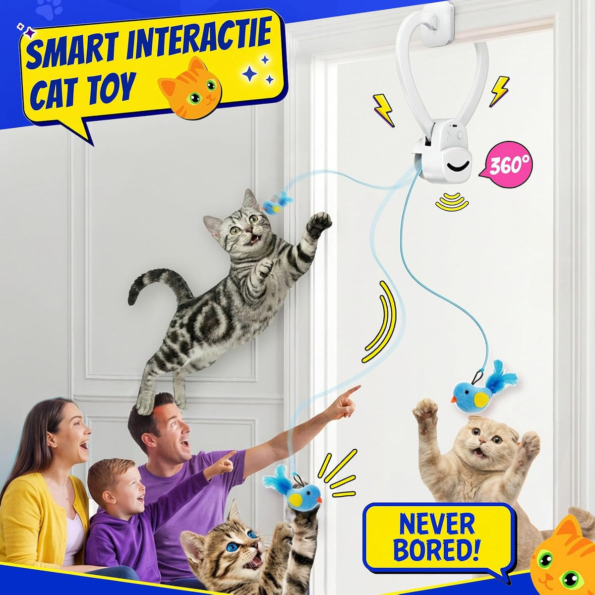 CATPICK Interactive Doorway Cat Toy, No-Adhesive Clip-On for Indoor Cats