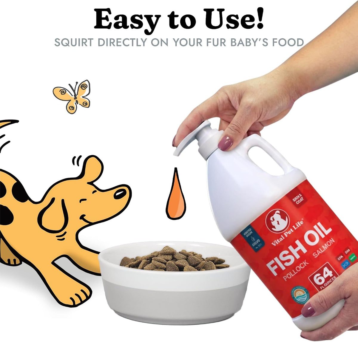 Fish Oil for Dogs, Healthy Skin & Coat Salmon Pollock Liquid Omega 3, 64 oz | Soft Shiny Glossy Coat, EPA DHA, Immune System & Heart Function Support, Normal Shedding, Supplement for Pets