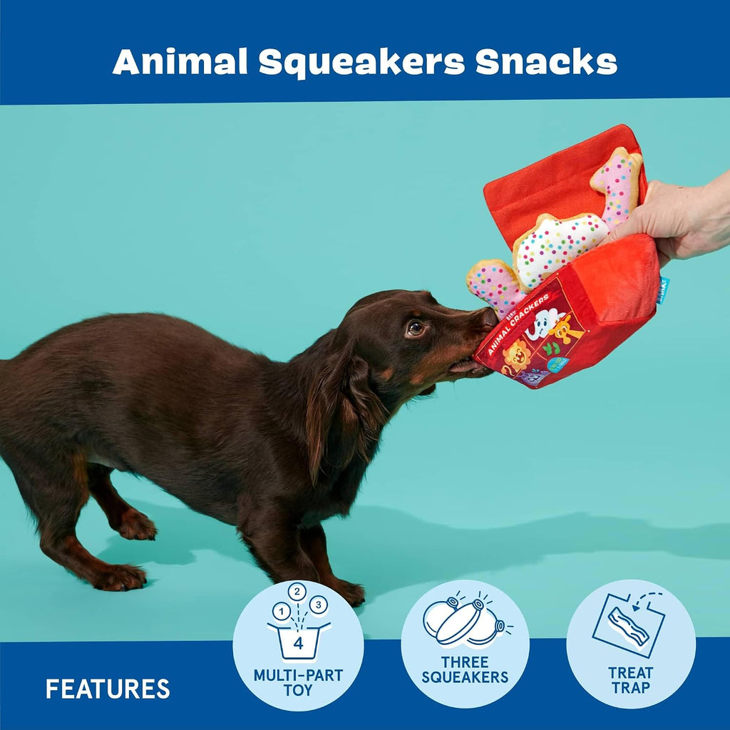 BarkBox Animal Squeakers 4-in-1 Interactive Plush Dog Toy | Squeaky Dog Toys with Crinkle Box and Treat-Hiding - For Extra Small to Small Dogs and Puppies