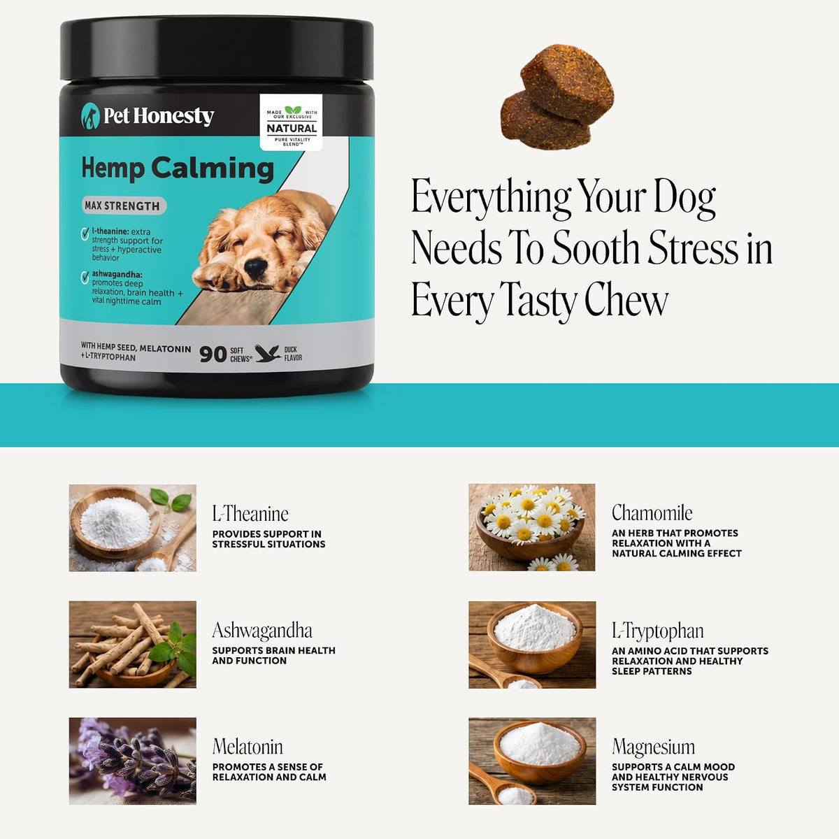 Natural Hemp Calming Chews for Dogs, Maximum Strength Stress Support for Anxiousness with Melatonin & Valerian Root, Non-Sedating Dog Relaxing Chews for Separation, Thunder & Vet Visits – Duck (90 Ct)