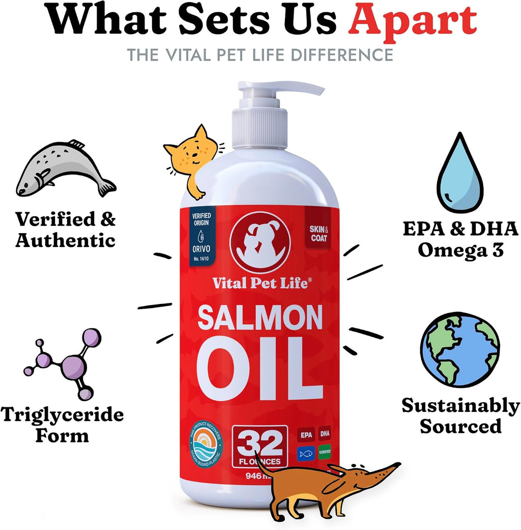 Salmon Oil for Dogs & Cats, Healthy Skin & Coat, Liquid Fish Omega 3, 32 oz | Soft Shiny Glossy Coat, EPA DHA, Immune System & Heart Function Support, Normal Shedding, Supplement for Pets