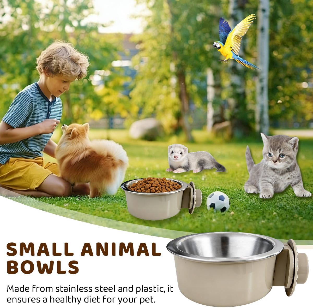 2Pcs Pets Lightweight Stainless Steel Bowl,Removable Stainless Steel Pet Hanging Food Water Feeder Bowl for Puppy Dog Cat Rabbit Ferret Bird Gunea Pigs (Gray-Small)