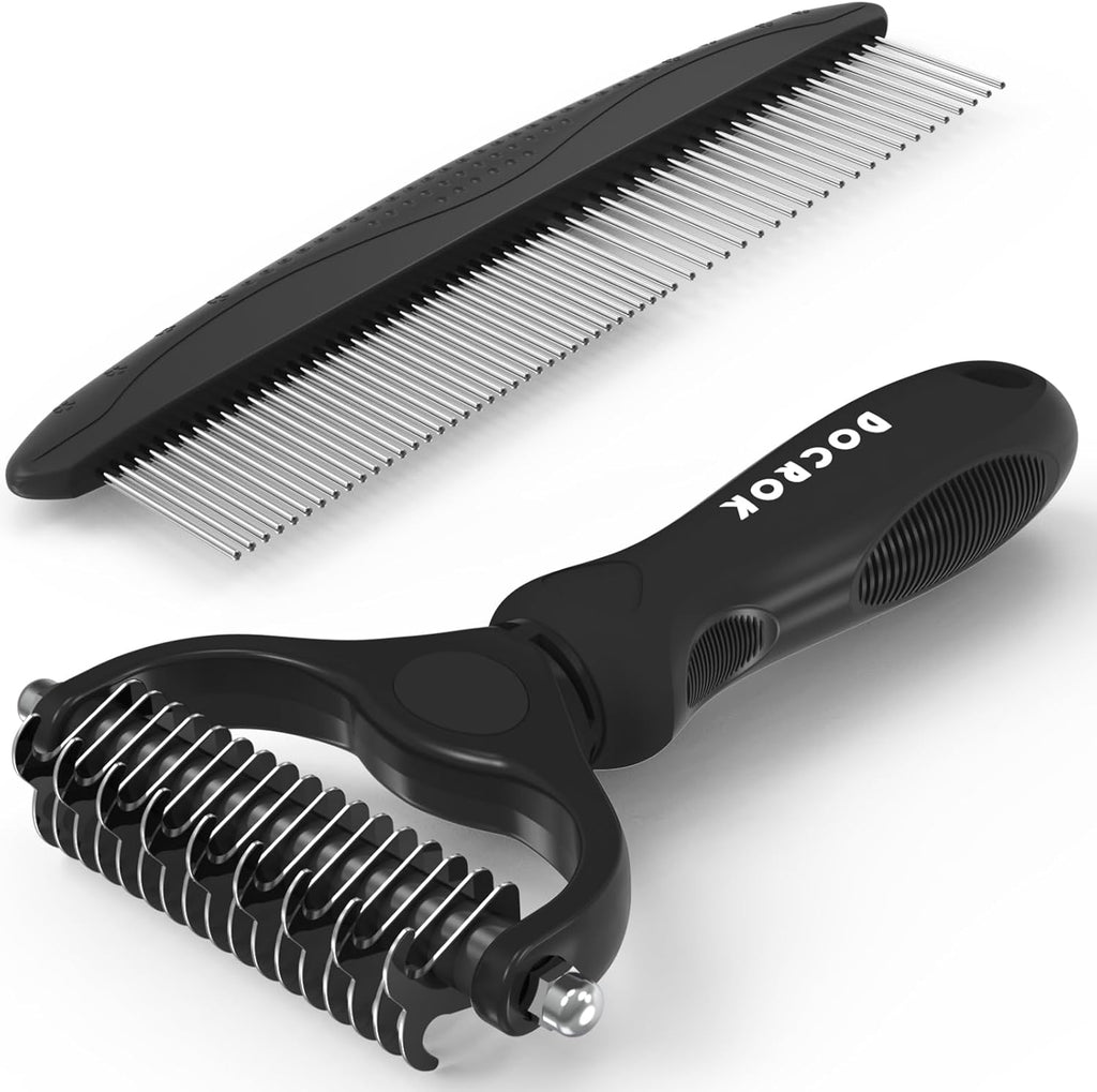 Docrok Pet Grooming Combo - Blue Deshedding Brush with Metal Comb for Detangling and Dematting Long, Matted Fur on Cats and Dogs | Dematting Deshedding Undercoat Rake, Cat Brush Dog Brush Shedding Tool for Long Matted Haired Pets