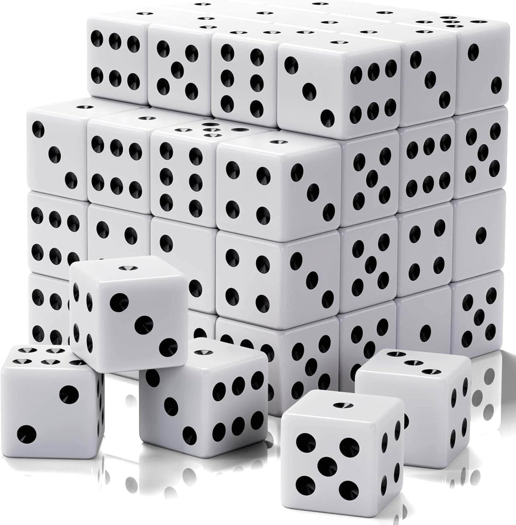 Rerdeim 60 Pieces Standard Dice, 16mm Bulk White Opaque Black Pips Six Sided Dice Set, for Rolling, Group Event, Board Games, Classroom Math