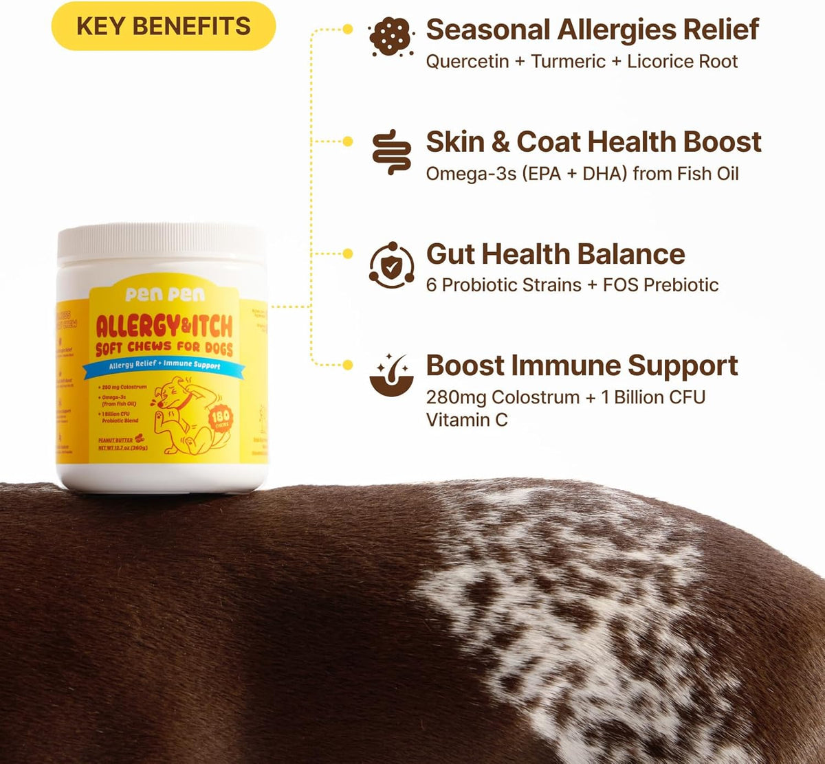 PENPEN Dog Allergy Chews - Anti-Itch & Itchy Skin Support for Dogs, Probiotics & Omega 3 (Fish Oil) for Immune & Gut Health - Peanut Butter Flavor - 180 Soft Chews
