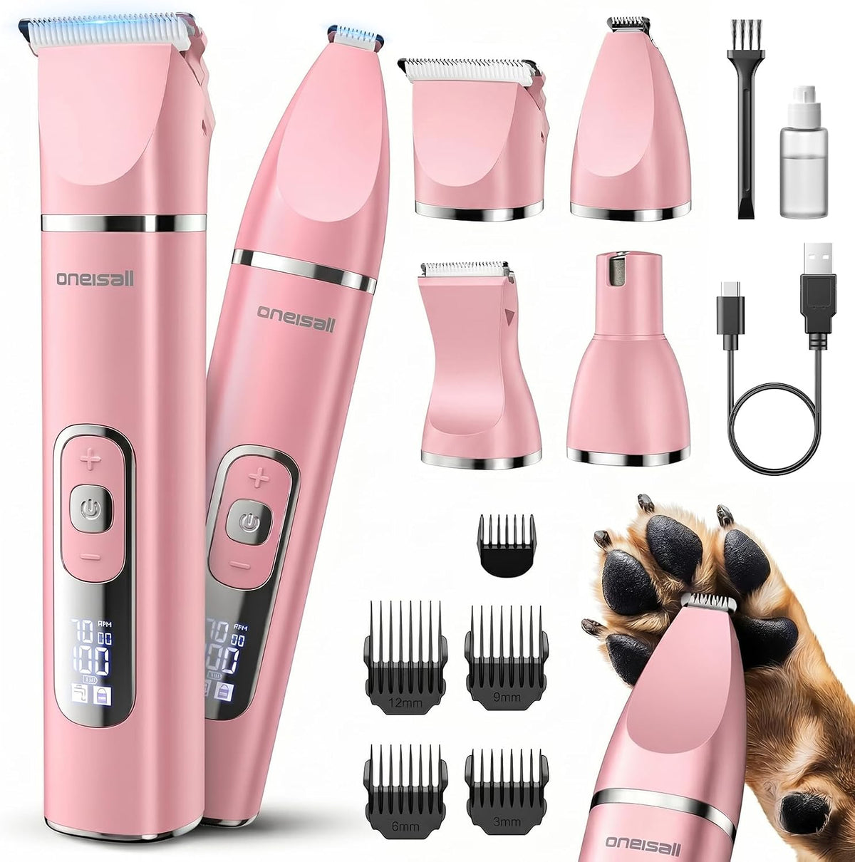 oneisall 4 in 1 Dog Grooming Kit with LCD Display | Paw Hair Trimmer & Nail Grinder, Rechargeable, Cordless, Low Noise, IPX7 Waterproof, 3 Speeds Pet Grooming Clippers
